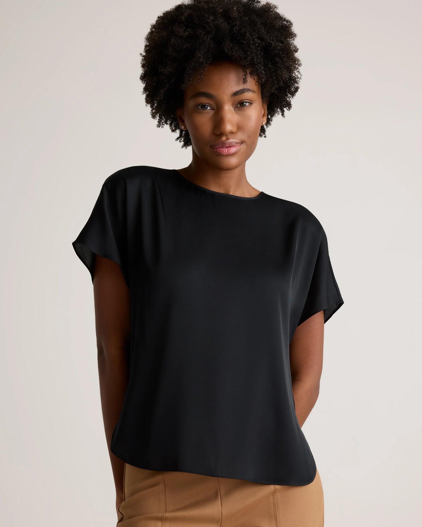 Washable Stretch Silk Split Hem Tee - XS / Ivory