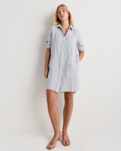 100% European Linen Shirt Dress - XS / Sky Blue Mariner Stripe