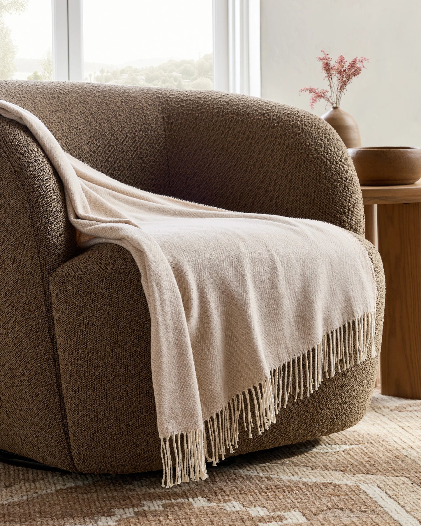 Lightweight Italian Cotton Herringbone Throw - One Size / Mushroom