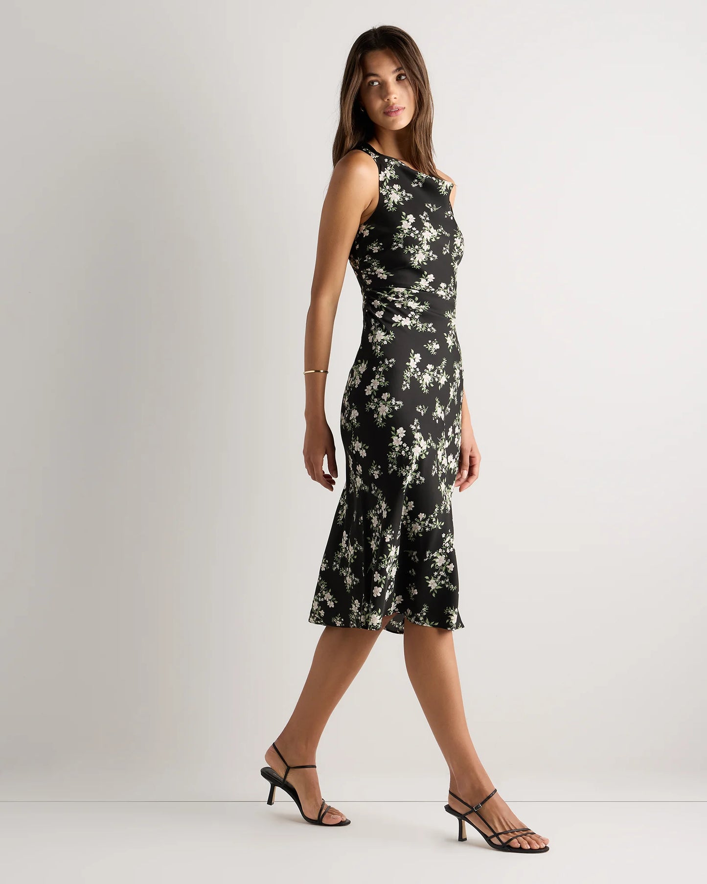 Washable Stretch Silk High Neck Midi Dress - XS / Vintage Navy Roses