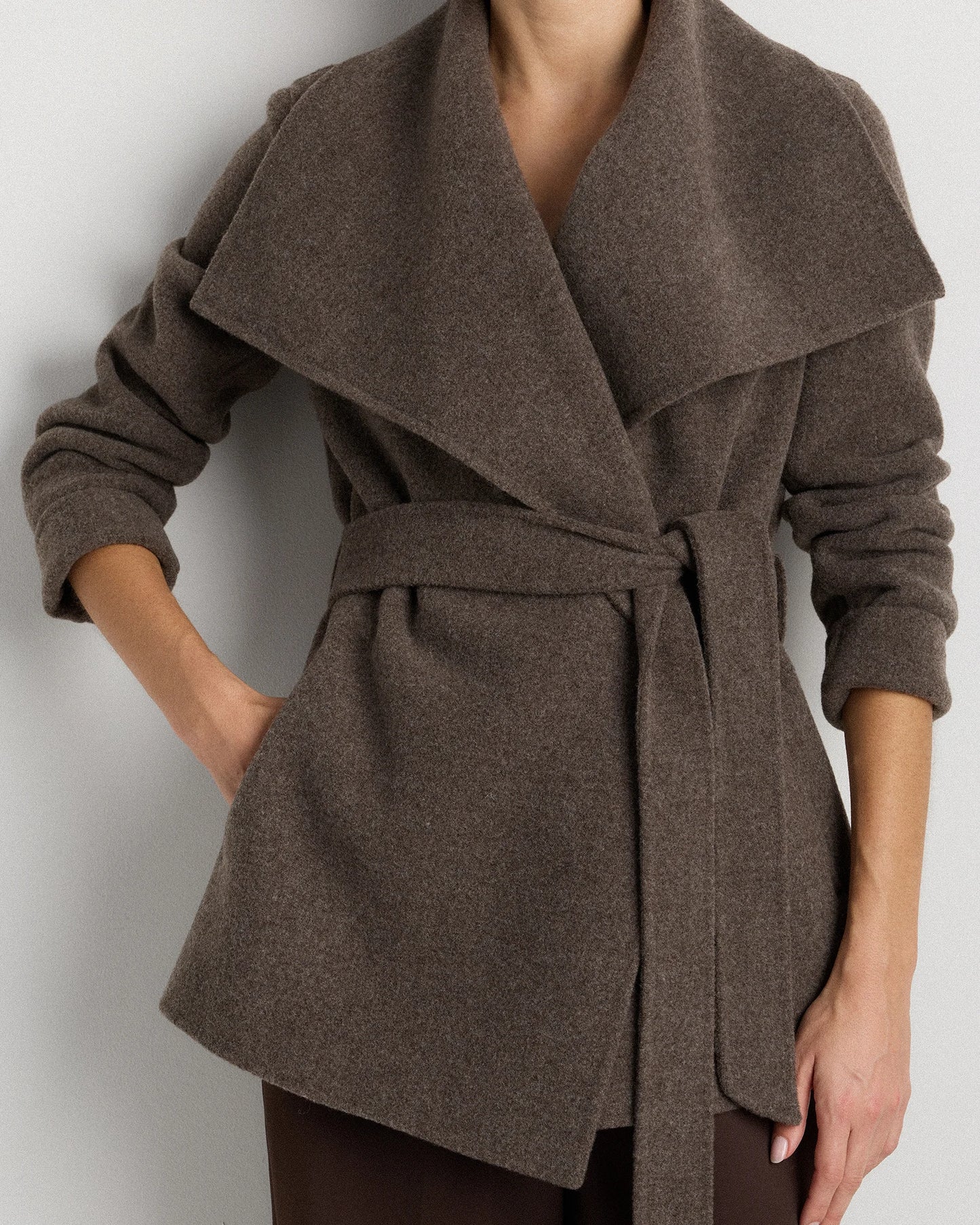 Double-Faced Merino Wool Draped Collar Short Wrap Coat - XS / Cocoa Melange