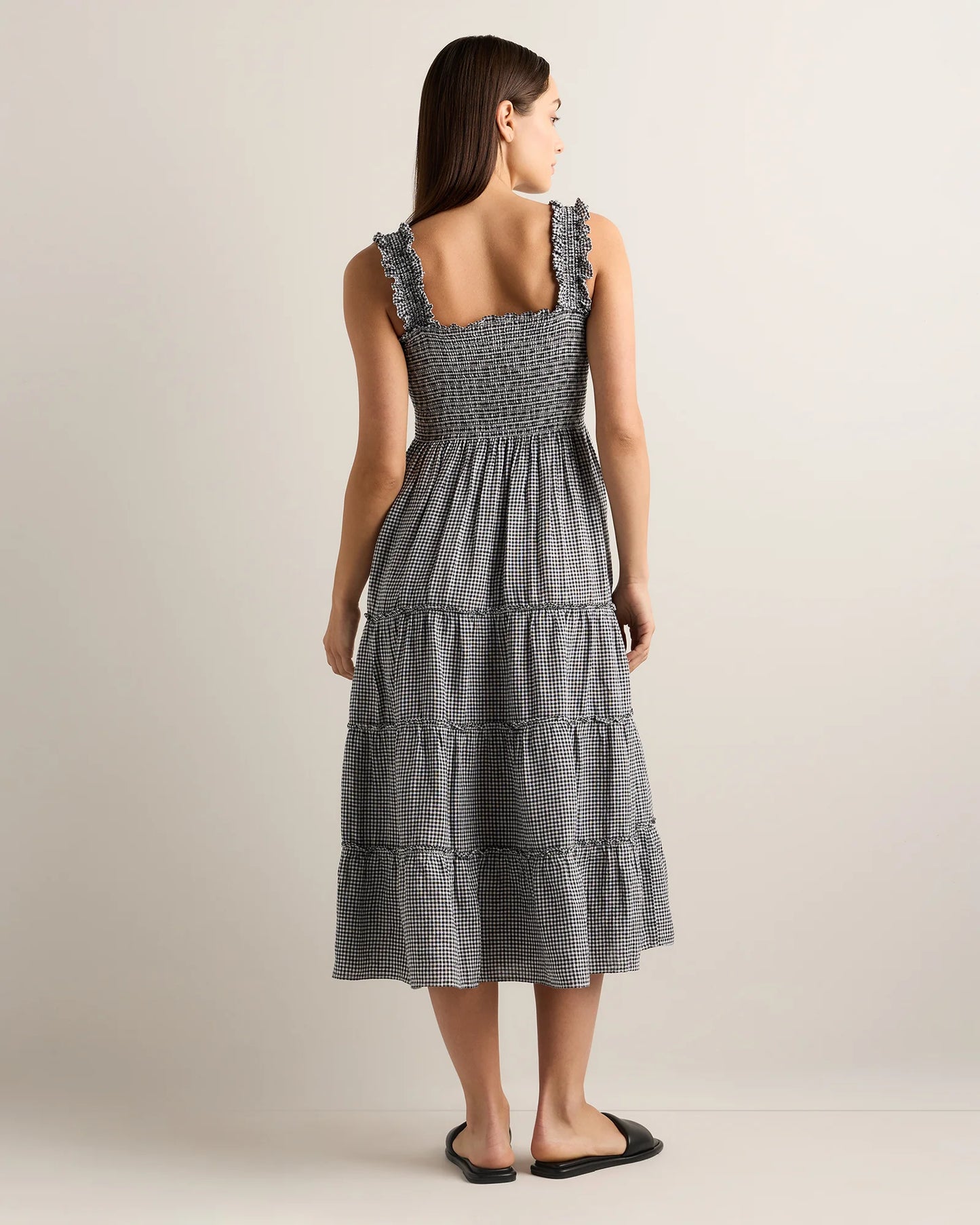 100% European Linen Smocked Midi Dress - XS / Ivory Porcelain Blue Petite Floral