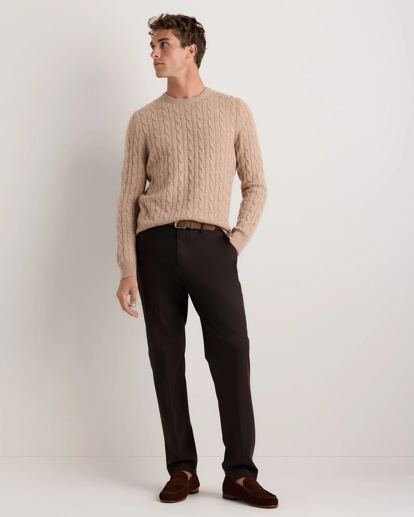 Mongolian Cashmere Classic Cable Crewneck Sweater - S / Teak