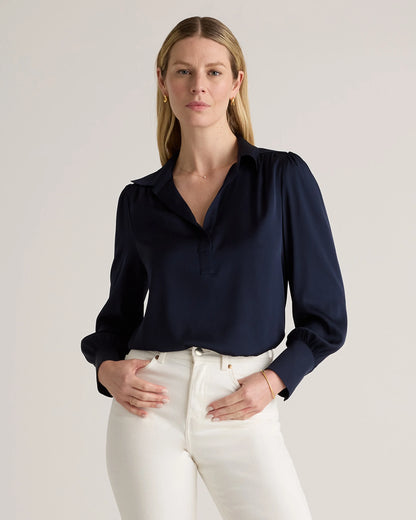 Washable Stretch Silk Split Neck Blouse - XS / Forest Green