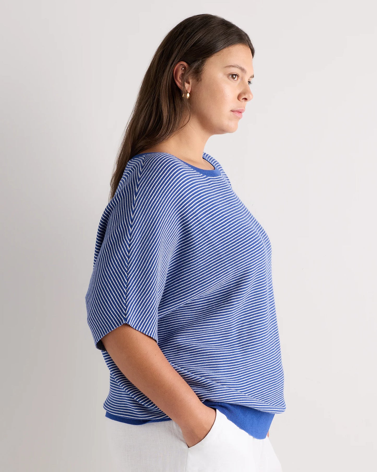 Lightweight Cotton Cashmere Link-Stitch Dolman Sweater - 1X / Orchid Blue Mini Stripe