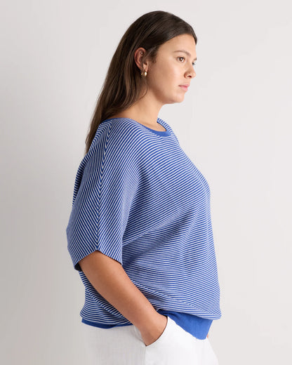 Lightweight Cotton Cashmere Link-Stitch Dolman Sweater - 1X / Orchid Blue Mini Stripe