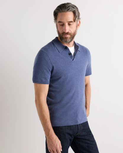 100% Mongolian Cashmere Short Sleeve Polo Sweater - S / Heather Storm Blue