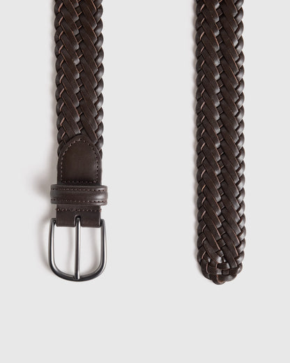 Jack Italian Leather Woven Belt - 30 / Hickory