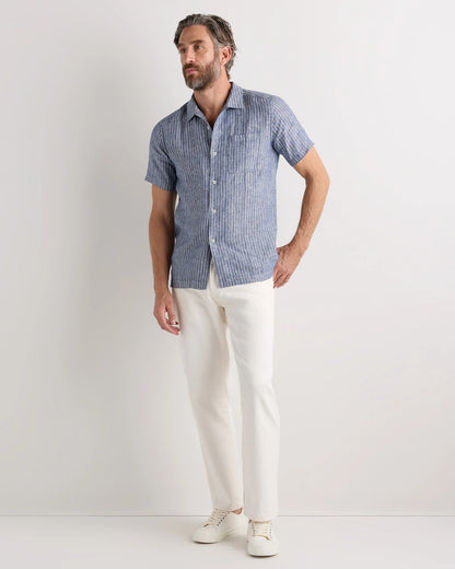 100% European Linen Camp Shirt - XS / Sky Blue Mariner Stripe