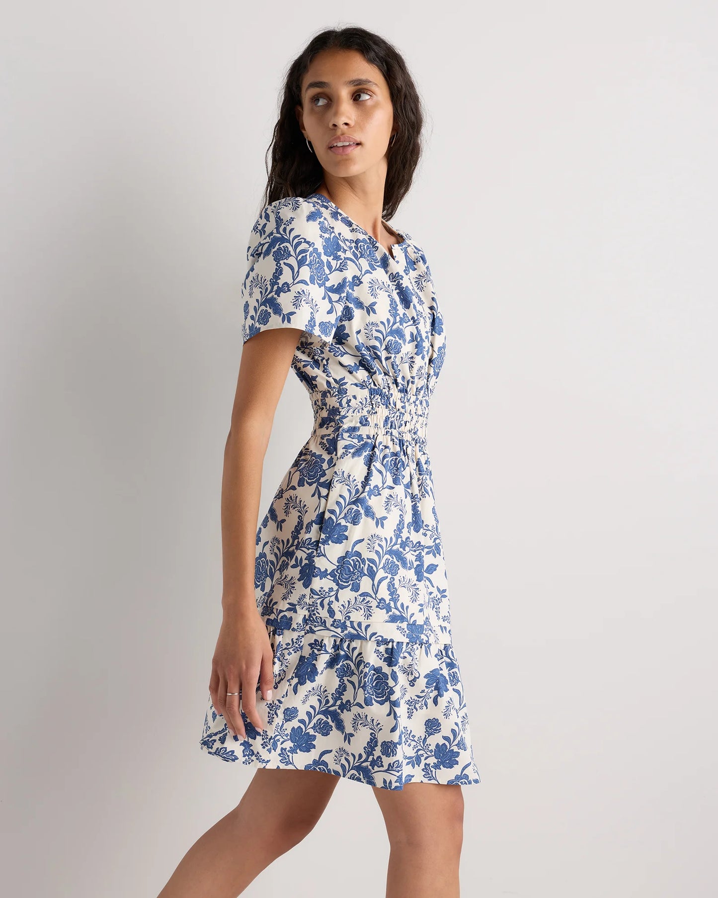 100% Organic Cotton Poplin Tiered Mini Dress - XS / Riviera Blue Heirloom Floral