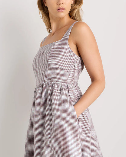100% European Linen Fit & Flare Midi Dress - XS / Brick Red Heirloom Floral