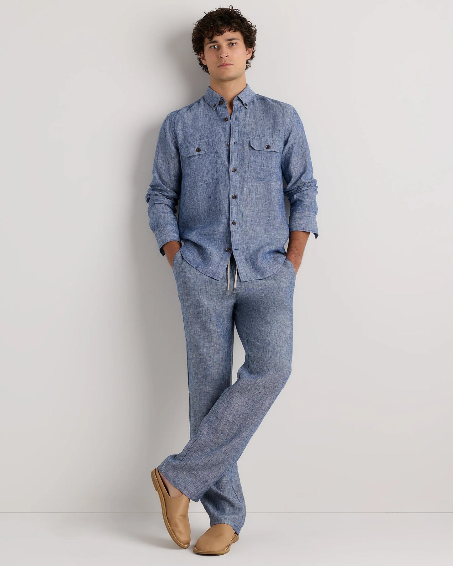 100% European Linen Drawstring Beach Pants - XS / Taupe Brown Chambray