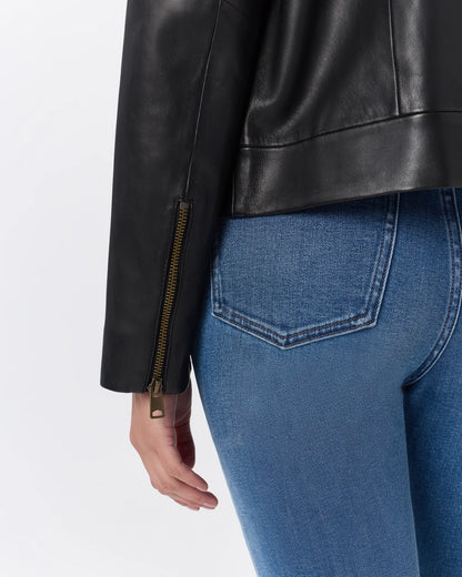 100% Leather Cropped Zip-Front Jacket - XS / True Black