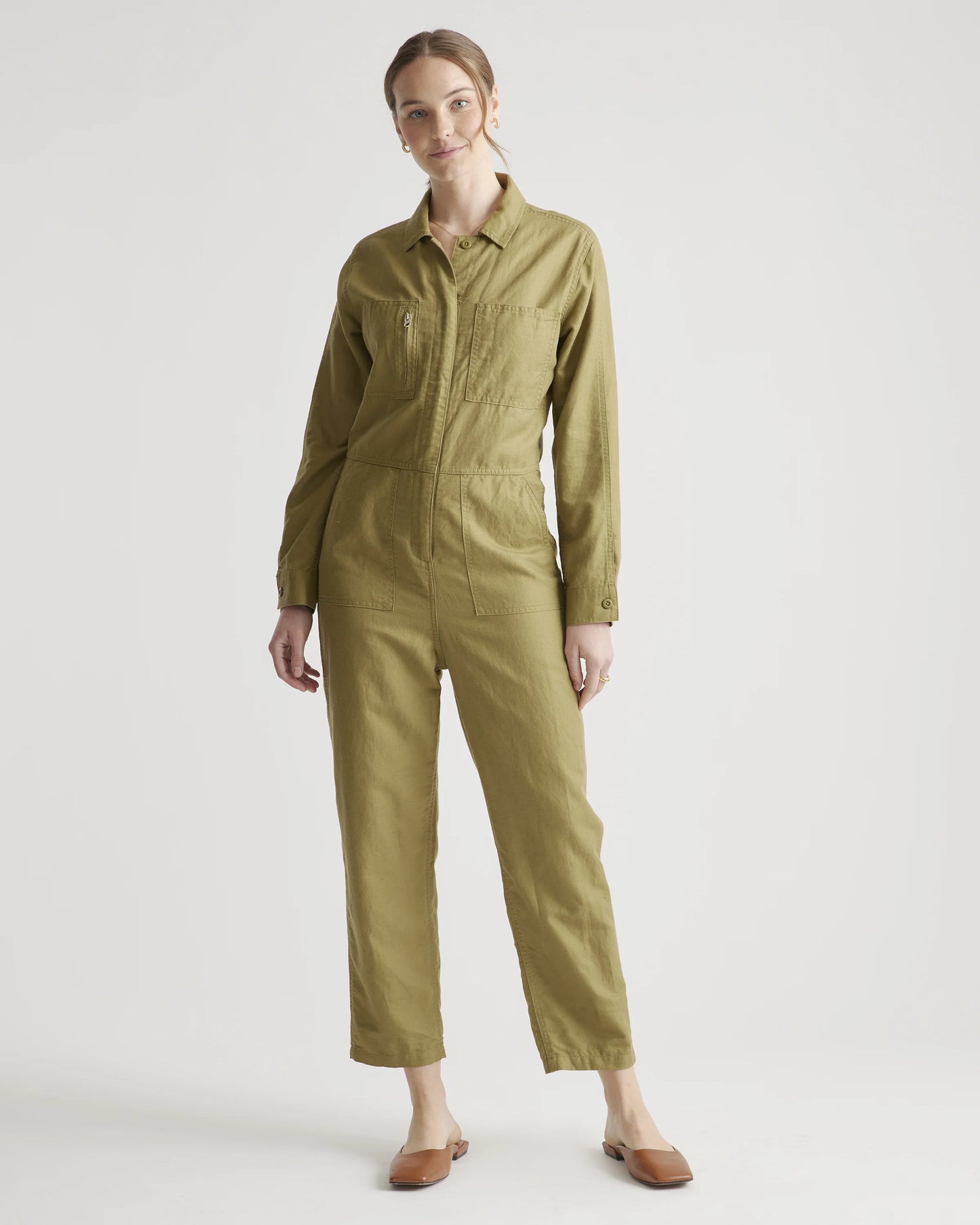 Cotton Linen Twill Long Sleeve Coverall Jumpsuit - XS / Army Green