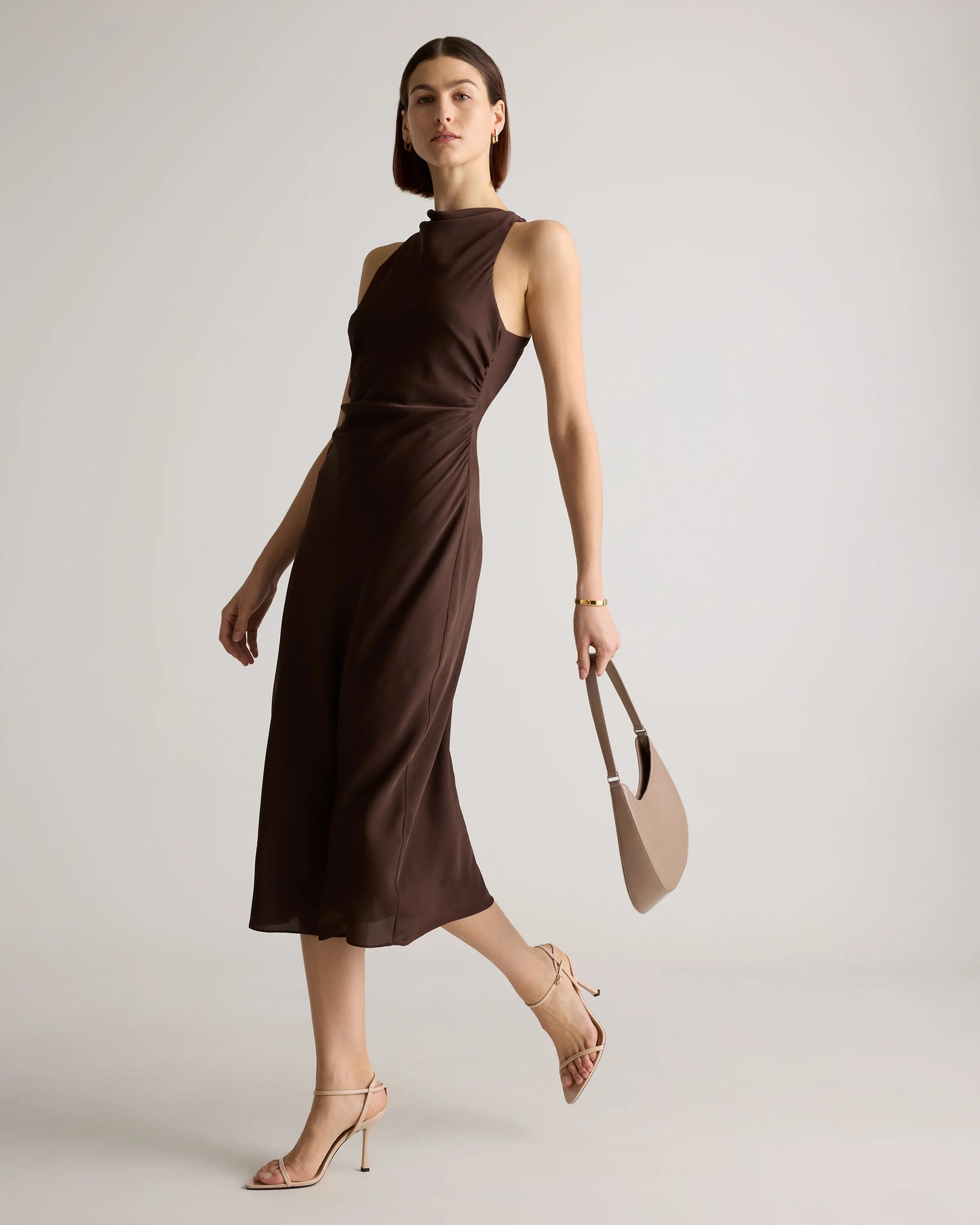 Washable Stretch Silk High Neck Midi Dress - XS / Vintage Navy Roses