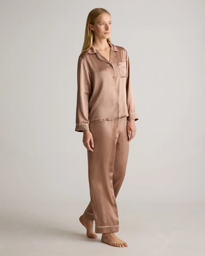 100% Washable Silk Satin Pajama Long Sleeve Top - XS / Toasted Almond