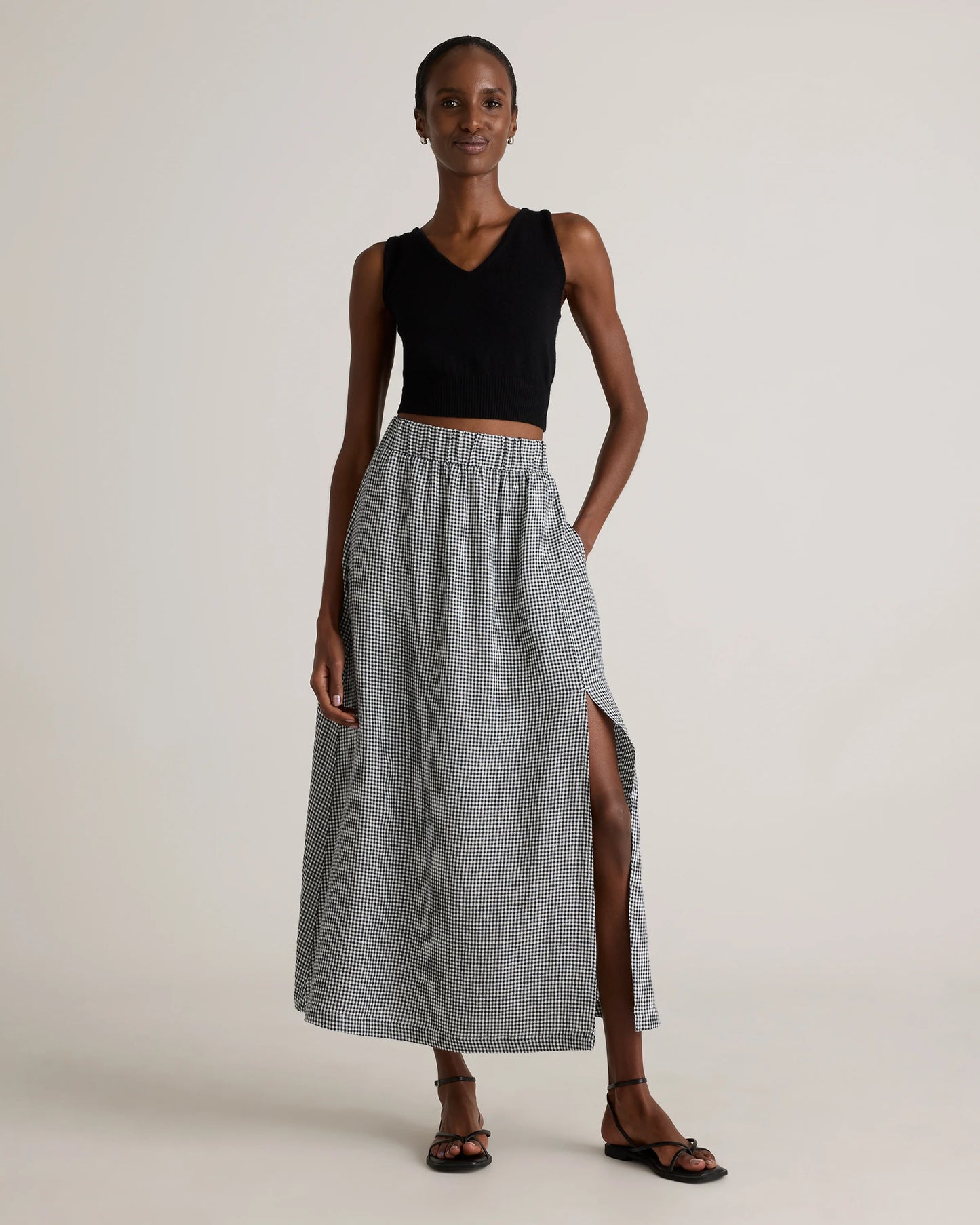 100% European Linen Maxi Skirt - XS / Classic Mini Gingham