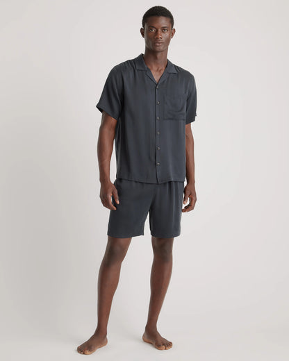 100% Washable Silk Button Down Short Set - S / Black