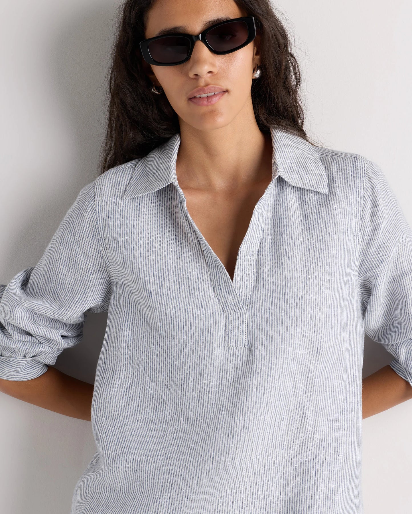 100% European Linen Popover Maxi Dress - XS / Blue Pinstripe