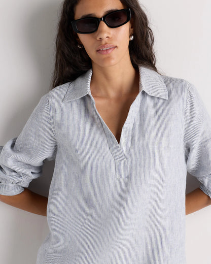 100% European Linen Popover Maxi Dress - XS / Blue Pinstripe