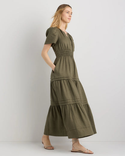 100% European Linen Tiered Maxi Dress - XS / Ivory Porcelain Blue Petite Floral