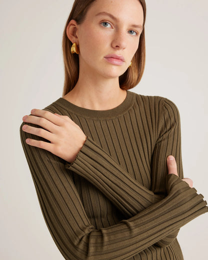 Cotton Cashmere Ribbed Long Sleeve Sweater - XS / Sugar Stone
