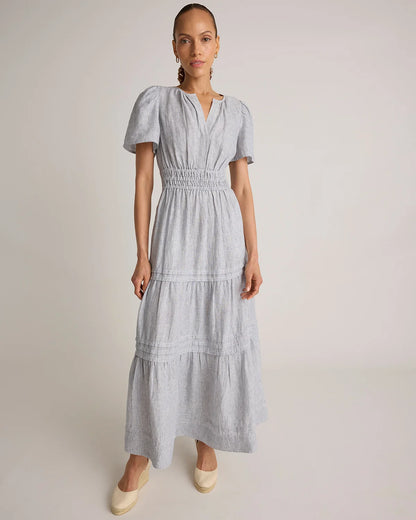 100% European Linen Tiered Maxi Dress - XS / Deep Navy