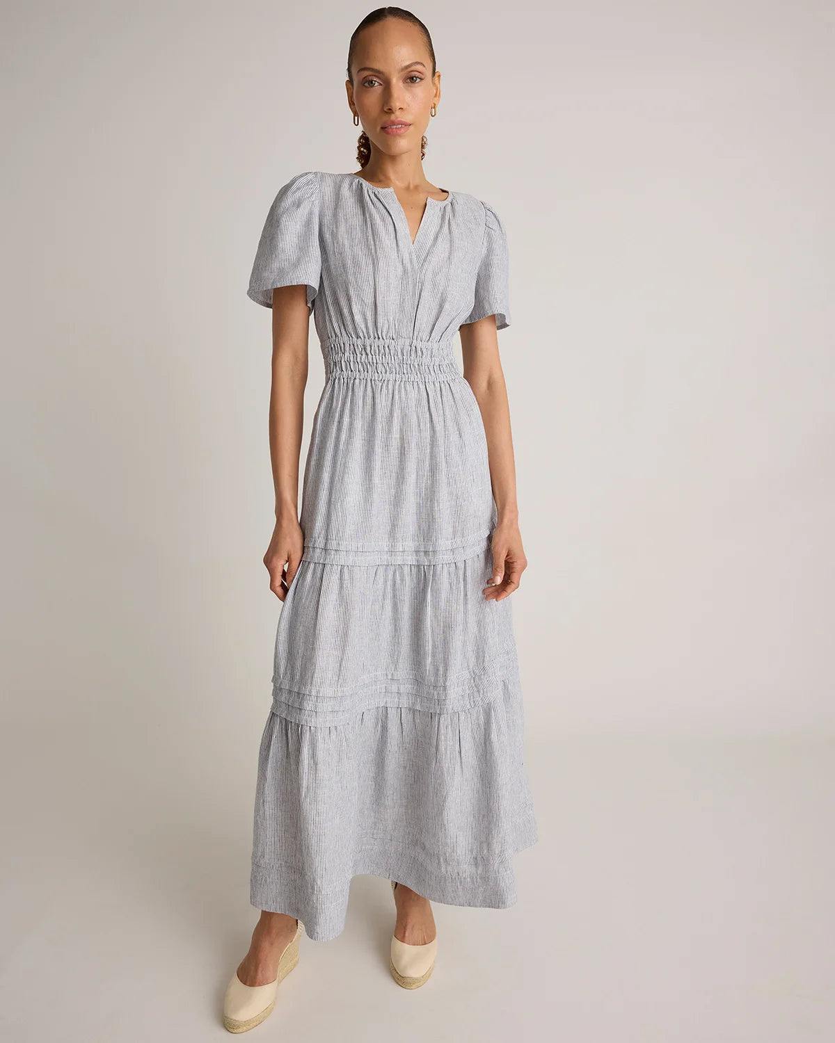 100% European Linen Tiered Maxi Dress - XS / Ivory Porcelain Blue Petite Floral