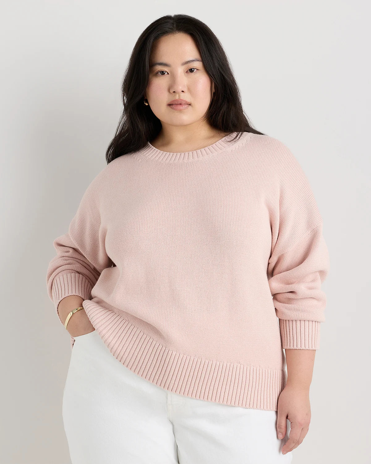 100% Organic Cotton Boyfriend Crew Sweater - 1X / Shell Pink