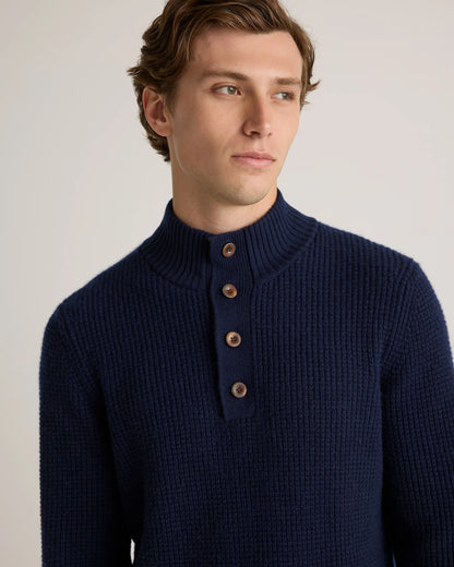 Mongolian Cashmere Waffle Quarter Button Sweater - S / Elk Brown