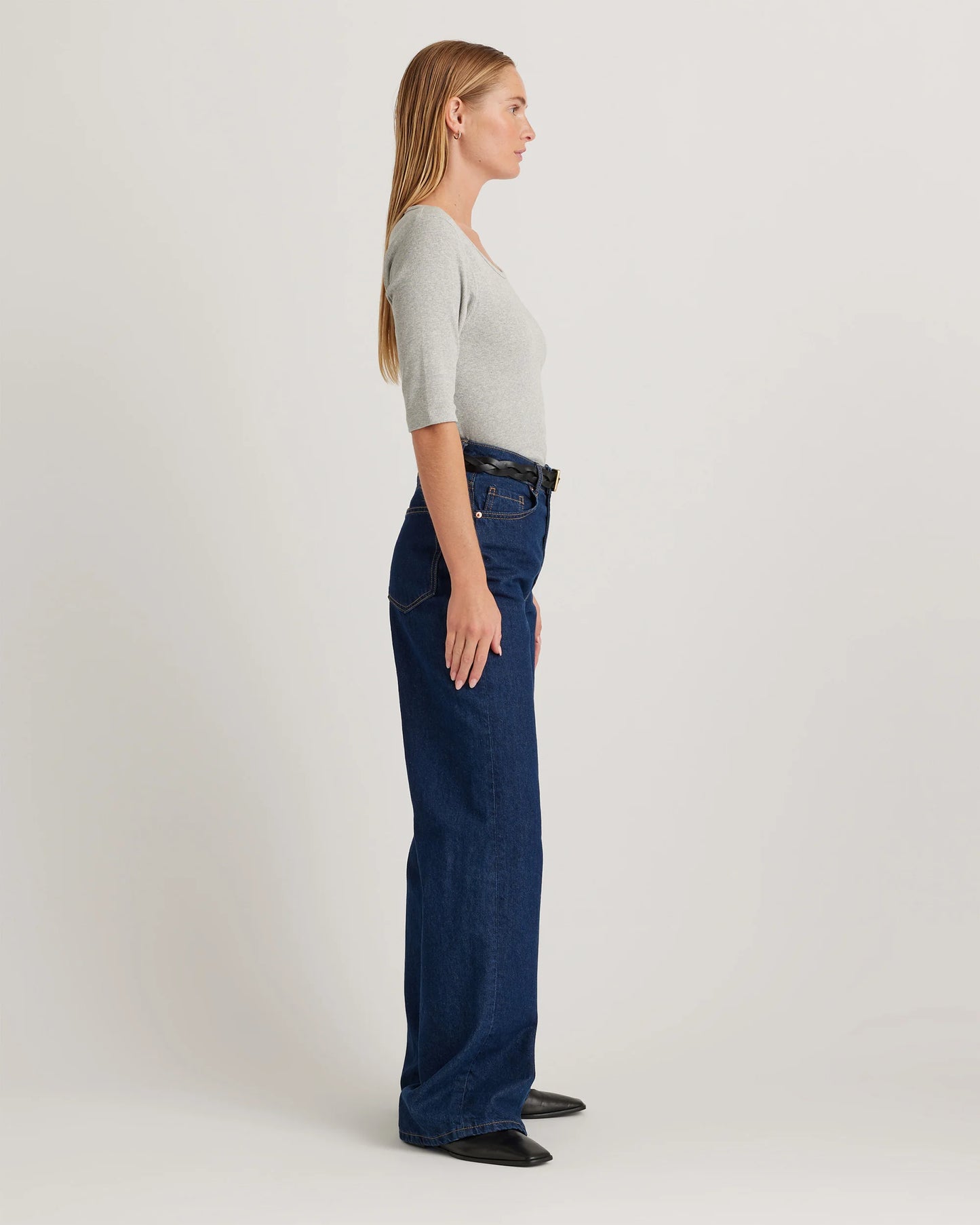 Organic Cotton Micro-Rib Elbow Sleeve Tee - XS / Moonstone Blue