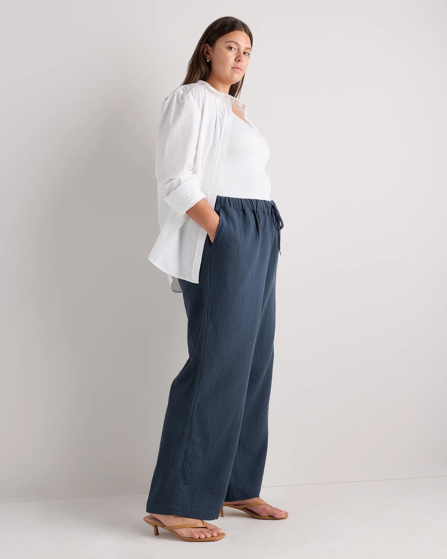 100% Organic Cotton Gauze Straight Leg Pants - 1X / Indigo Blue