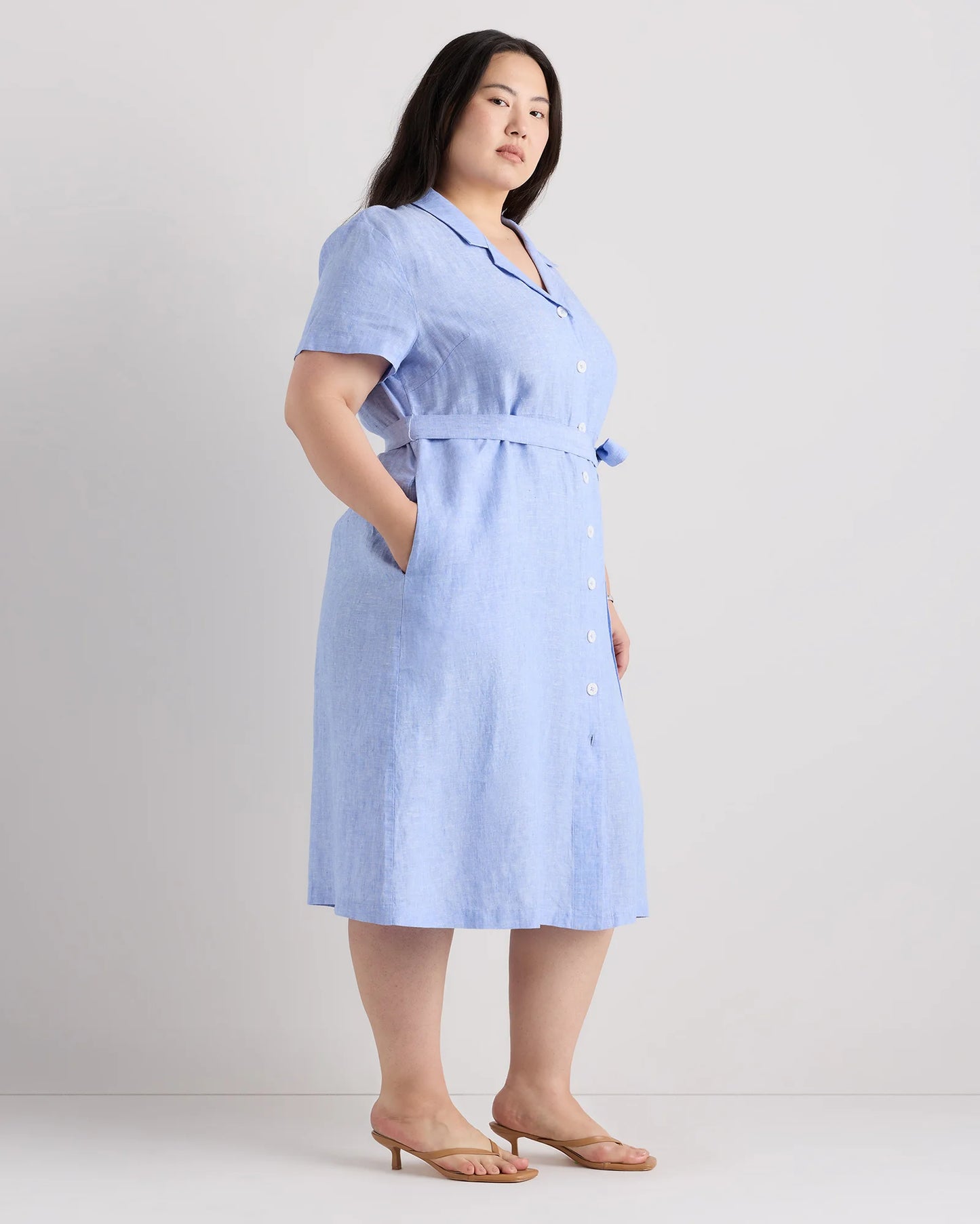 100% European Linen Button Front Dress - 1X / Blue Pinstripe