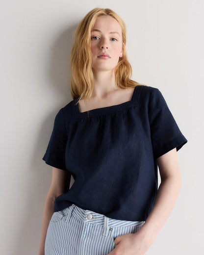 100% European Linen Square Neck Swing Top - XS / Black