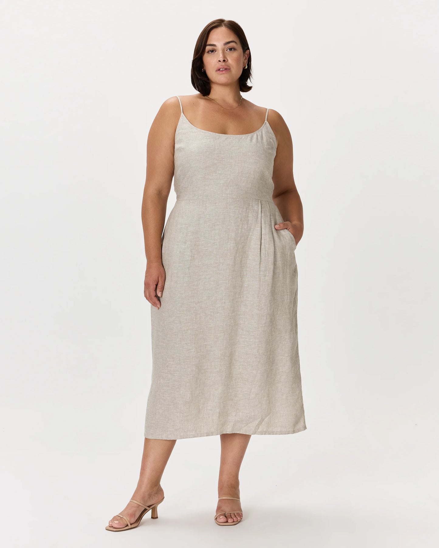 100% European Linen Scoop Neck Midi Dress - 1X / Deep Navy