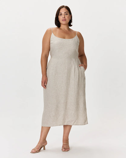 100% European Linen Scoop Neck Midi Dress - 1X / Deep Navy