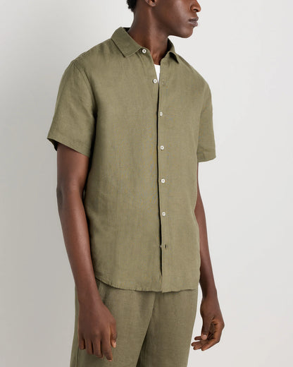 100% European Linen Relaxed Short Sleeve Shirt - XS / Taupe Brown Chambray