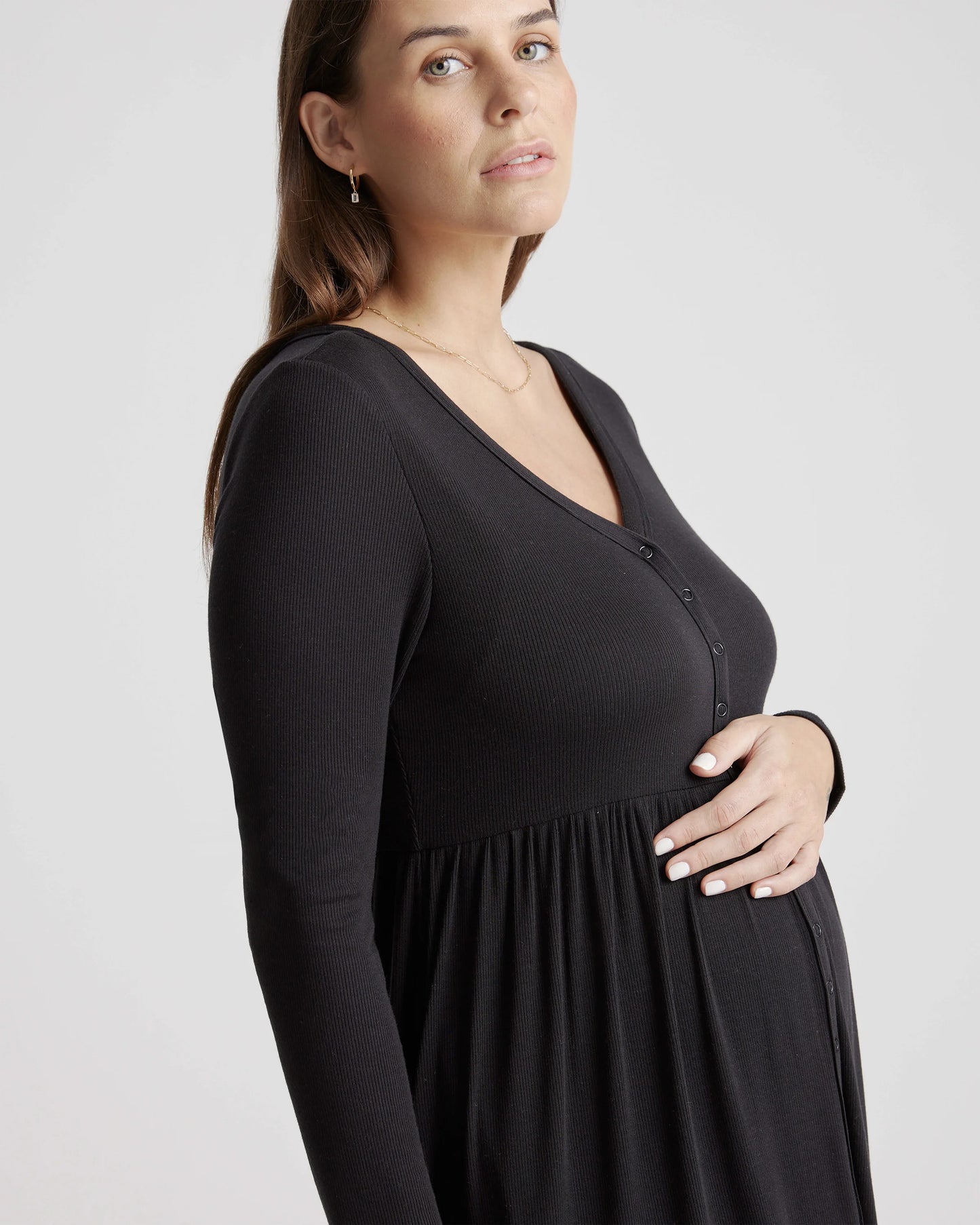 Tencel Rib Maternity & Nursing Button Front Dress - XS / Black