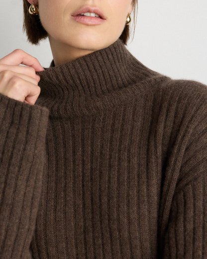 Mongolian Cashmere Ribbed Turtleneck Mini Dress - XS / Black