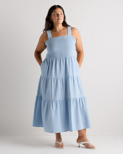 100% Organic Cotton Gauze Smocked Sleeveless Maxi Dress - 1X / Ocean Breeze
