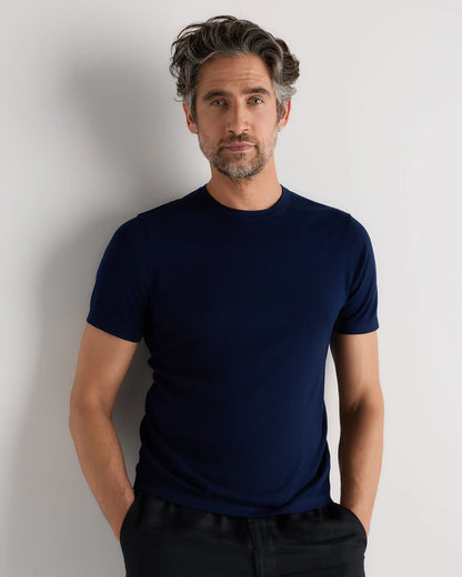 Cotton-Silk Short Sleeve Crewneck Sweater - S / Navy