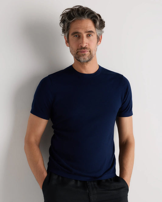 Cotton-Silk Short Sleeve Crewneck Sweater - S / Navy