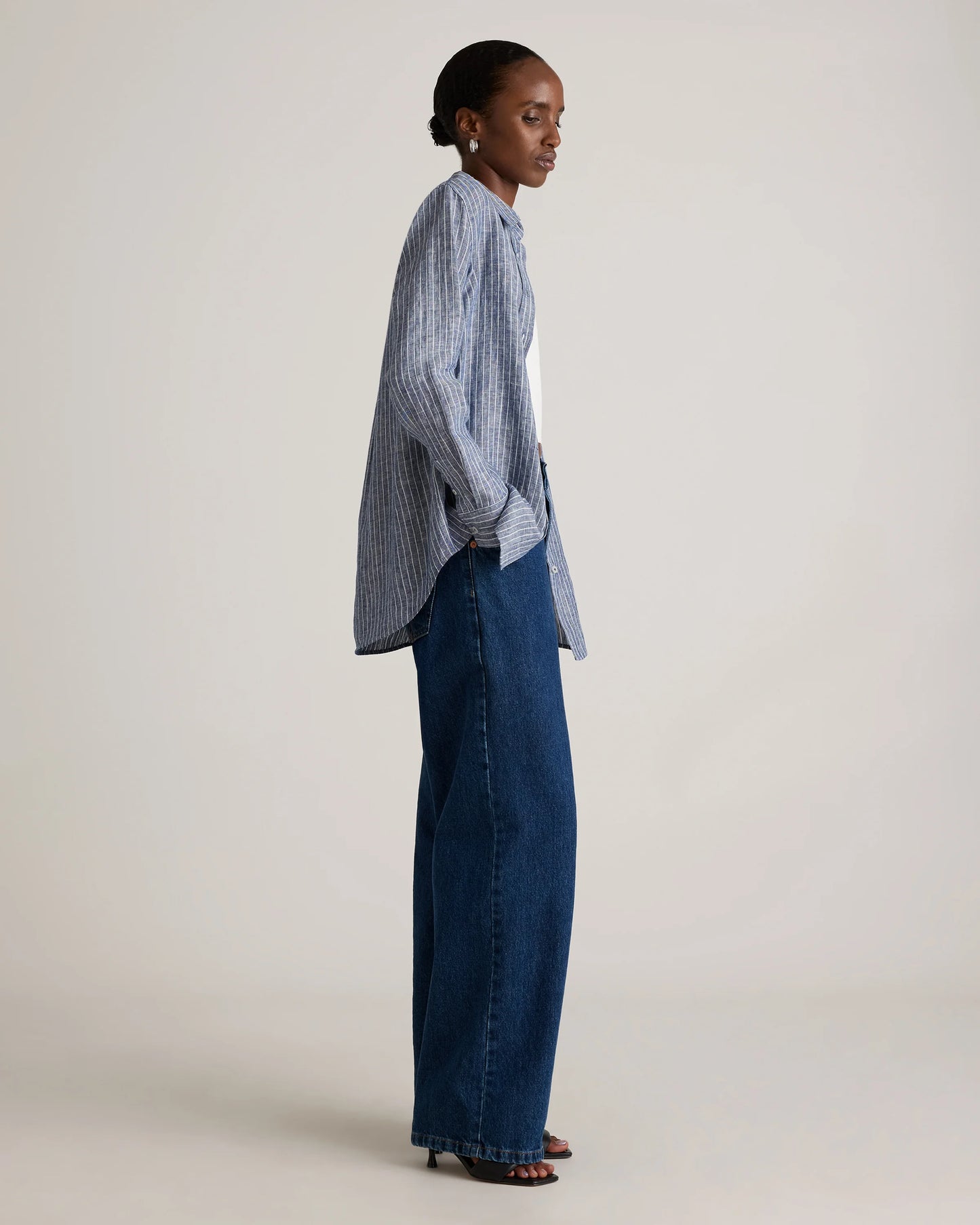 100% European Linen Long Sleeve Shirt - XS / Blue Pinstripe