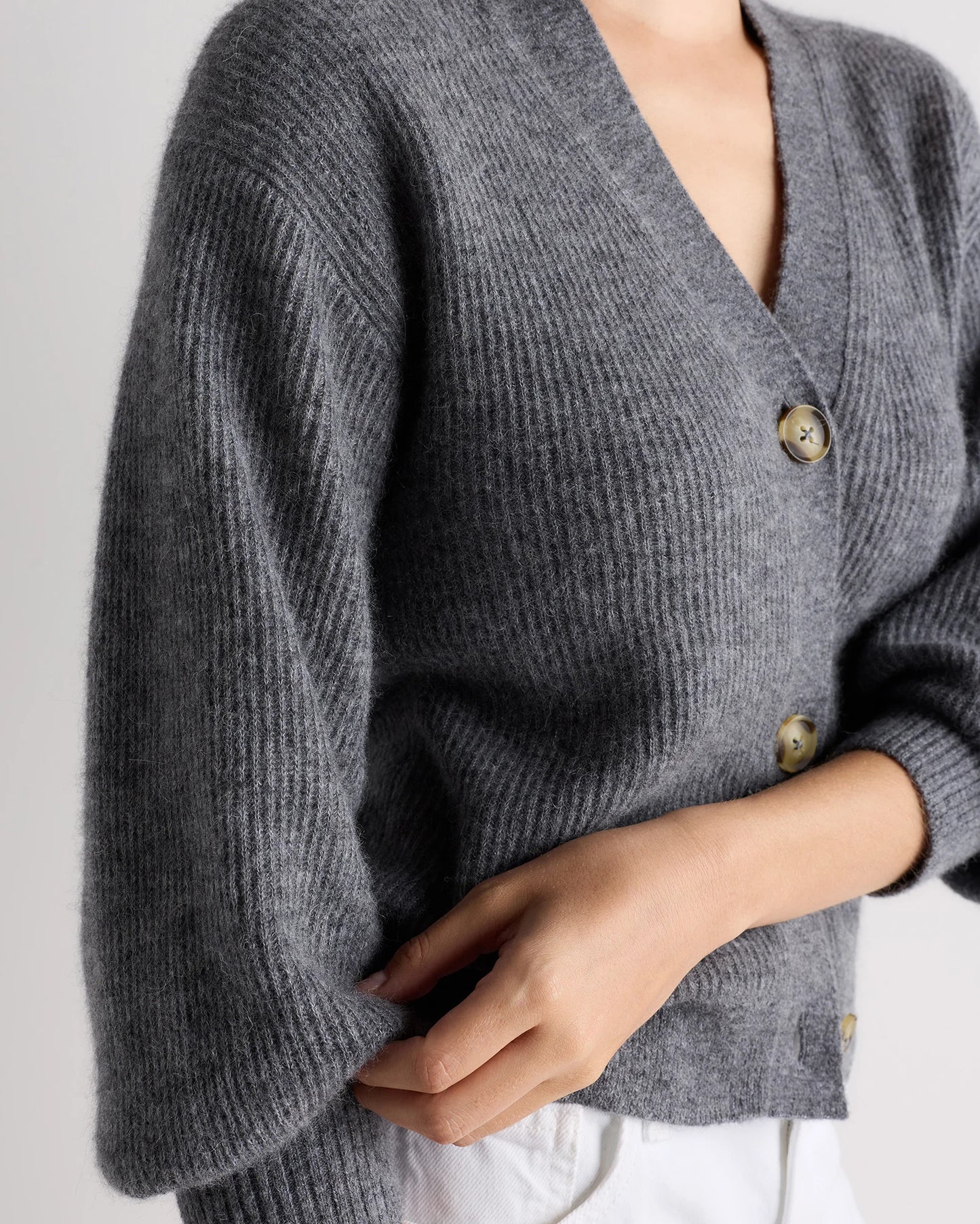 Lightweight Baby Alpaca Cropped V-Neck Cardigan - XS / Smoked Charcoal
