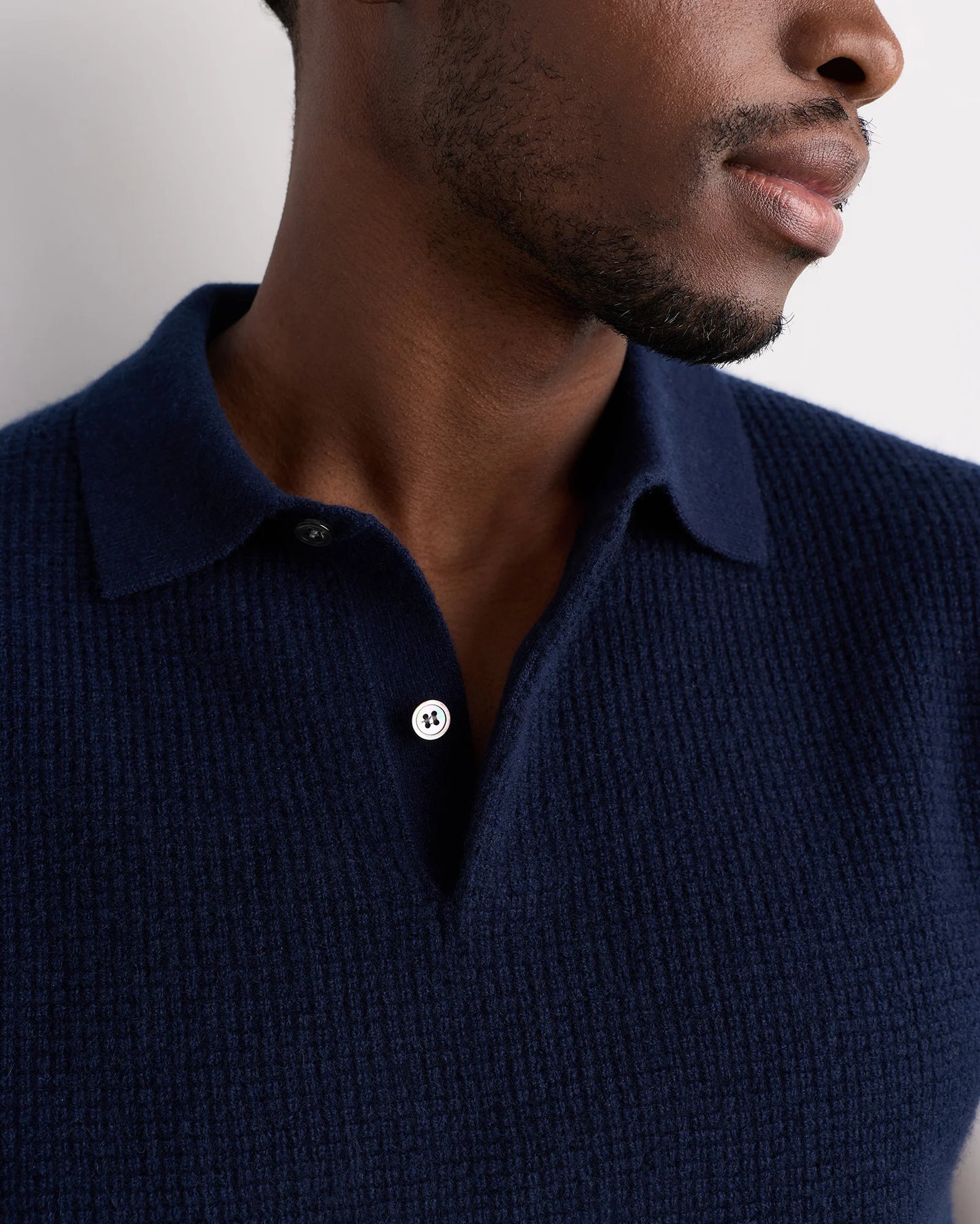 Mongolian Cashmere Waffle Short Sleeve Polo Sweater - S / True Navy