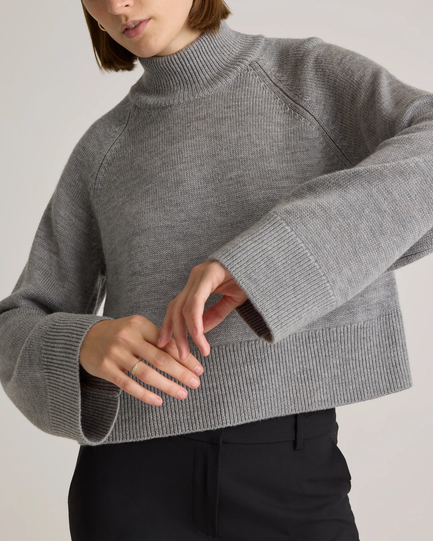 Australian Merino Wool Cropped Mock Neck Sweater - XS / Heather Bone