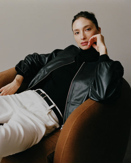 100% Leather Collarless Cropped Bubble Hem Jacket - XS / True Black
