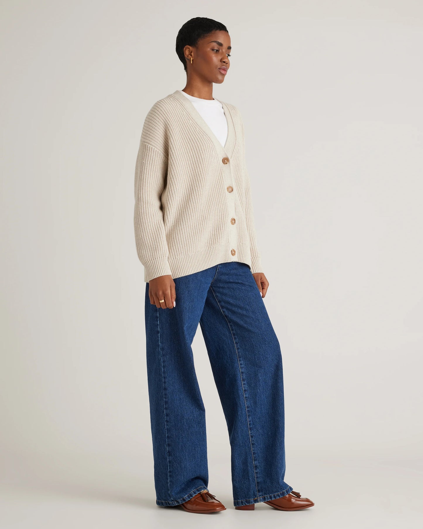 100% Organic Cotton Oversized Boyfriend Cardigan - XS / Speckled Beige