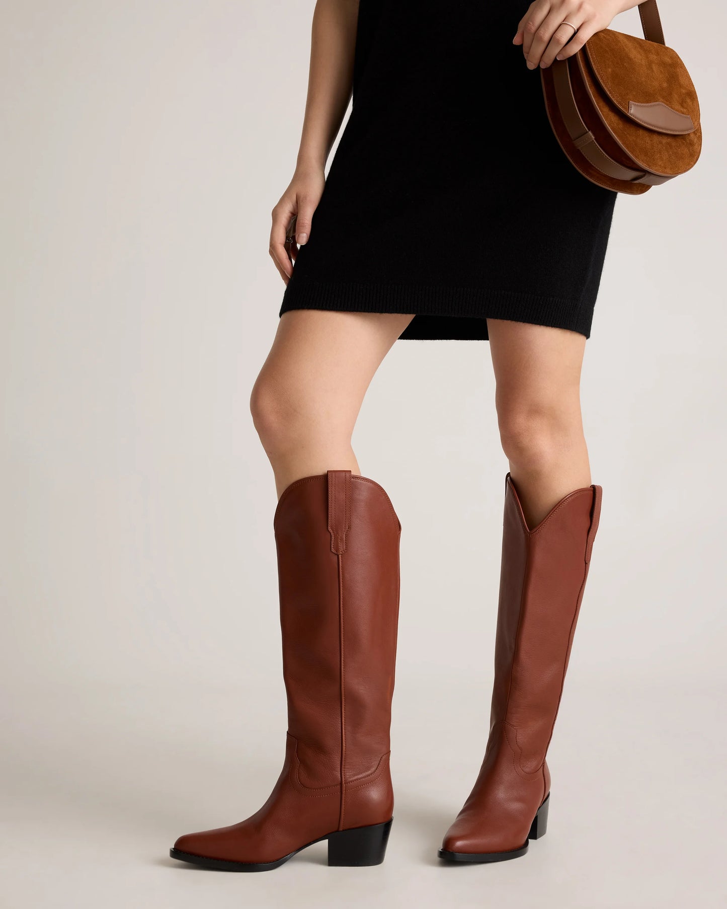 Italian Leather Tall Western Boots - 5 / Black