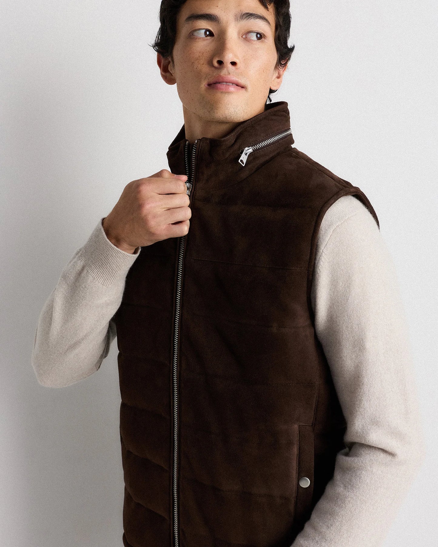 100% Suede Puffer Vest - S / Charcoal Black
